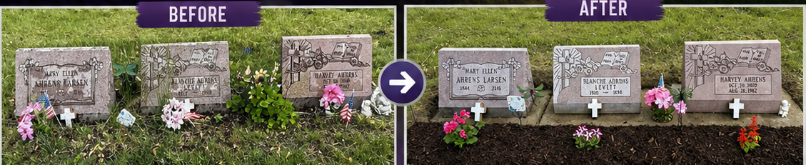 Before and after comparison of three headstones: overgrown and stained on the left, cleaned with fresh mulch and flowers on the right